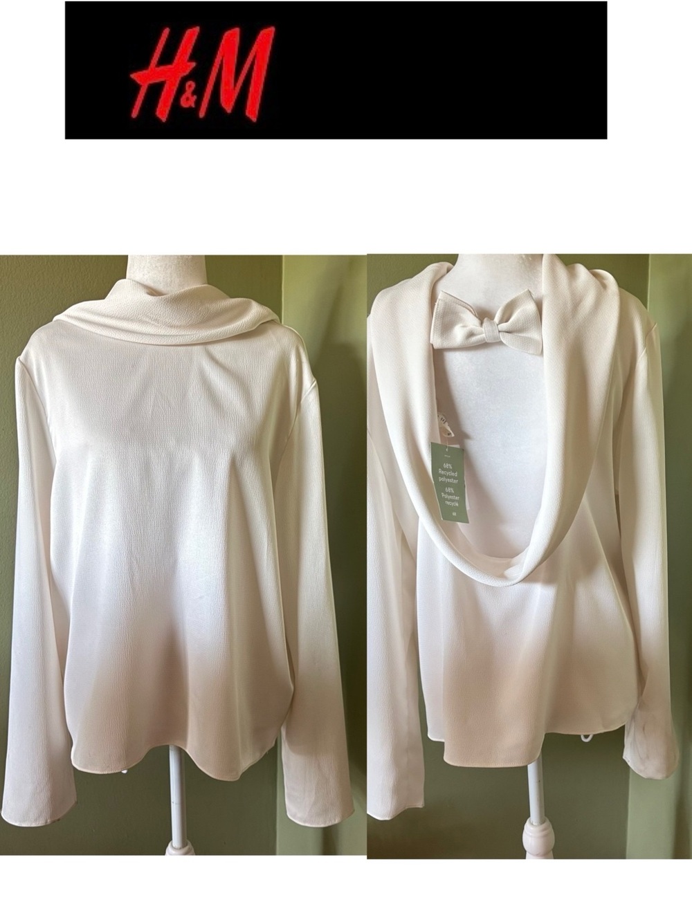 H&M Ivory Cowl-Back Blouse  with Bow Accent on the Back NWT Medium